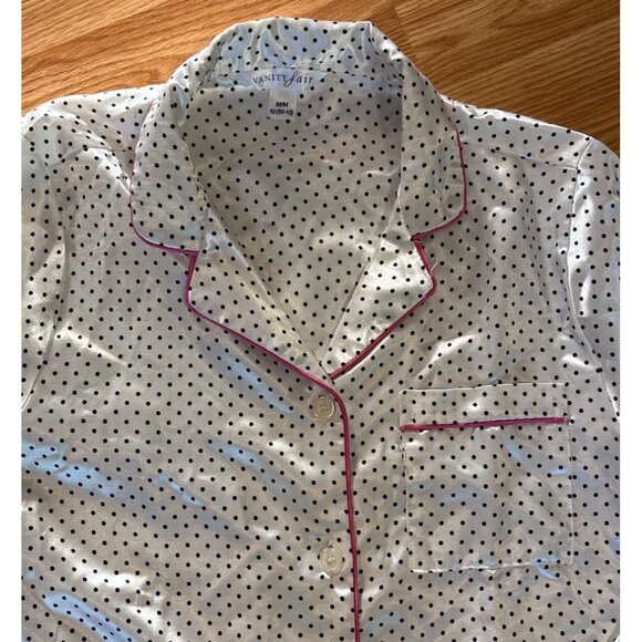 Vanity Fair Pajama Set Womens Satiny Polka Dot White Black Pink Trim Med (10-12) - Picture 5 of 12